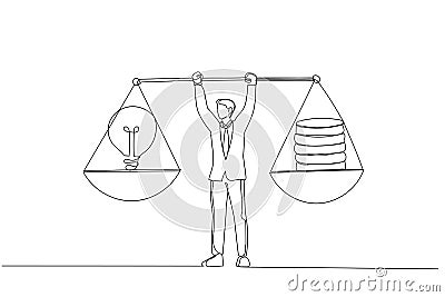 Drawing of businessman holding weights in his hands which is the money and idea. Continuous line art style Vector Illustration