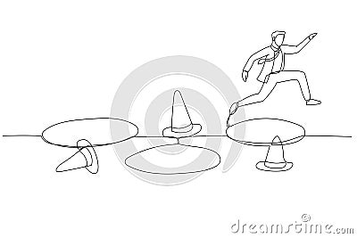 Drawing of businessman jump pass many pitfalls to achieve metaphor of avoid adversity. Single continuous line art style Vector Illustration