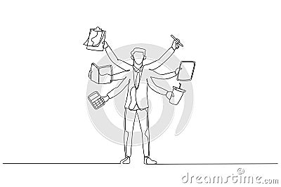 Drawing of businessman with several hand concept of multitasking. Continuous line art style Vector Illustration