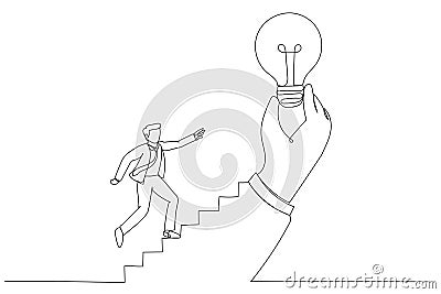 Drawing of businessman step on stair of big hand holding inspiring bright lightbulb. Inspiration idea. Continuous line art style Vector Illustration