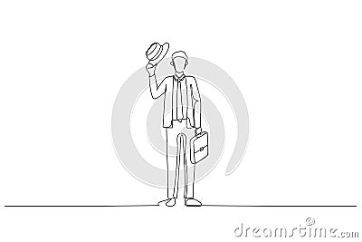 Drawing of businessman in suit with briefcase going to business meeting. Single continuous line art Vector Illustration