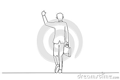 Drawing of businessman in suit holding fist in the air and celebrating, holding suitcase and walking. Single continuous line art Vector Illustration