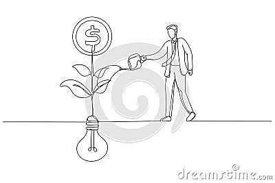 Drawing of businessman switching on the switch to turn on lightbulb lamp over his head concept of inspiration. Single continuous Vector Illustration