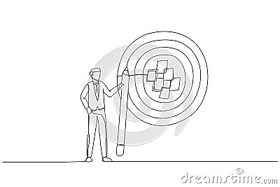 Drawing of businessman write down goal on notes and put on big dartboard target. Metaphor for goal setting, achievable target or Vector Illustration