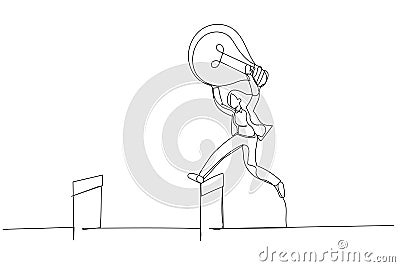 Drawing of businesswoman jumping over hurdle. Single line art style Vector Illustration