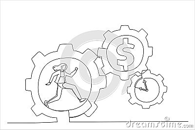 businesswoman running with full effort inside gear cogs. Effort and time resulted money concept. Single line art style Vector Illustration