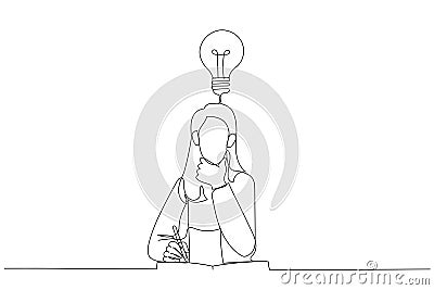 Drawing of businesswoman thinking on productive ideas sitting at laptop and notepad for notes. Single continuous line art style Vector Illustration