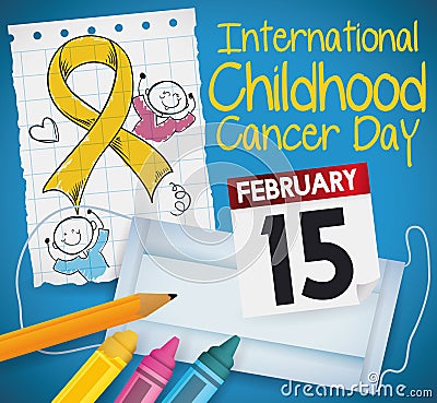 Drawing, Calendar, Mouth Cover and Colors for Childhood Cancer Day, Vector Illustration Vector Illustration