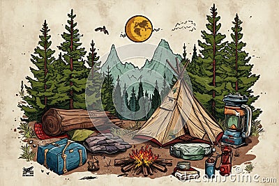 A Drawing of a Campsite With a Tent and a Campfire, A rustic design featuring camping gear and wilderness for an outdoor adventure Stock Photo