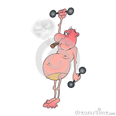 Smoking man is engaged in sports with dumbbells. Illustration on a white background Stock Photo