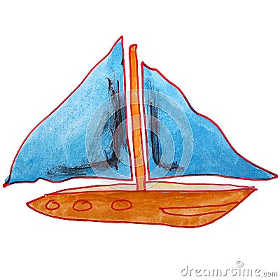 Drawing cartoon kids watercolor sailboat on white Stock Photo