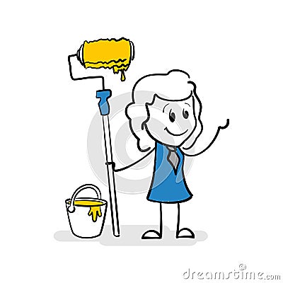 Drawing of cartoon stick figure of business woman holding roller with paint and a bucket of paint near her. Stick figure artist Vector Illustration