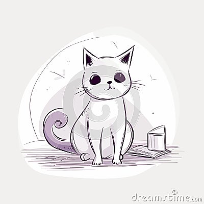 A drawing of a cat with a white face and a black and white tail sits on a white surface with book Vector Illustration