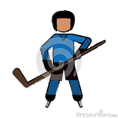 Drawing character hockey player skating blue uniform Vector Illustration