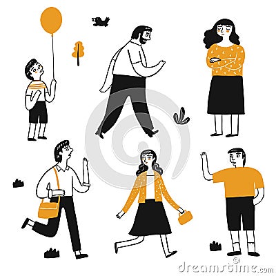 The drawing character of people are walk, happy, greet Vector Illustration