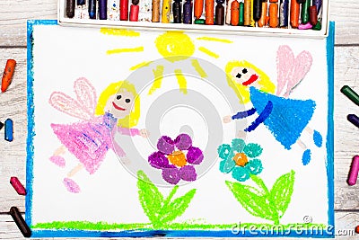 Drawing: Charming fairies and flowers. Magical land Stock Photo