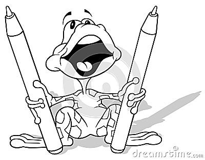 Drawing of a Cheerful Frog Holding Two Markers Vector Illustration
