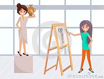 Artist Woman and Posing Model Portrait Classes Vector Illustration