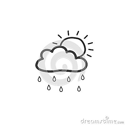 Drawing cloud with rain and sun. Symbol of rainy weather. Vector hand drawn illustration in doodle style Vector Illustration