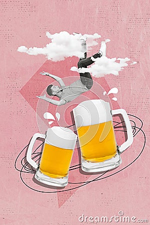 Drawing collage poster banner of funky guy fall huge mug tasty beer festival occasion isolated on retro pop background Stock Photo