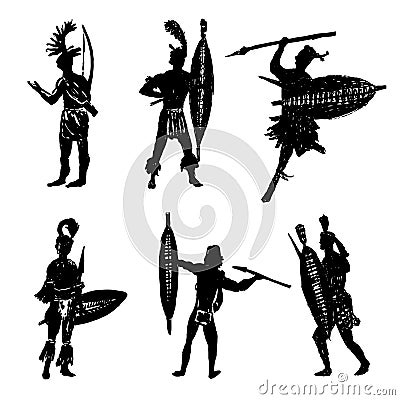 Drawing collection of silhouettes of African tribal warriors in the battle suit and arms hand drawn illustration Vector Illustration