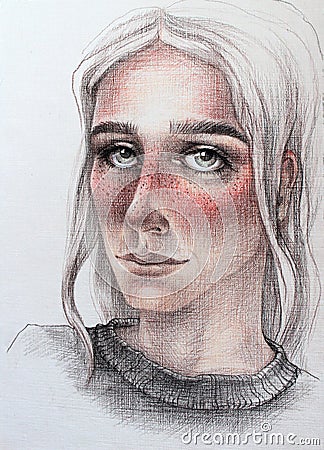 Drawing color pencils face of a woman gray, red illustration Cartoon Illustration