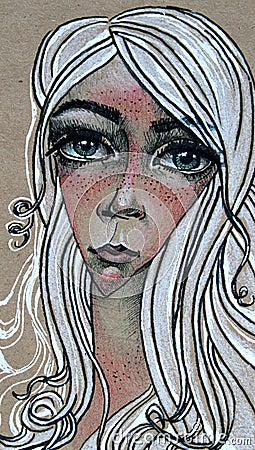 Drawing color pencils face of a woman gray, red illustration Cartoon Illustration