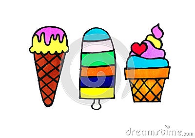 Drawing with colored markers set of ice cream Stock Photo