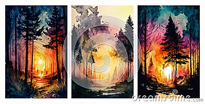 Drawing a colorful beautiful forest in front of a sunset square. warm landscape for canvas wall poster art Stock Photo