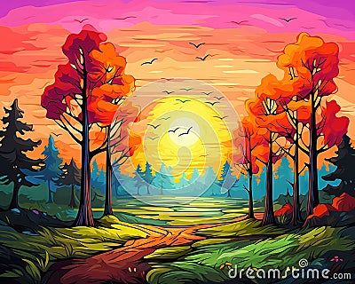 Drawing a colorful beautiful forest in front of a sunset square warm landscape for a canvas wall was paraphrased. Stock Photo