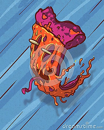 Colorful flying pizza slice in skate surf art urban hardcore style - digital fantasy illustration Cartoon Illustration