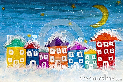 Drawing colorful houses with Windows and roofs in winter on a dark night Stock Photo