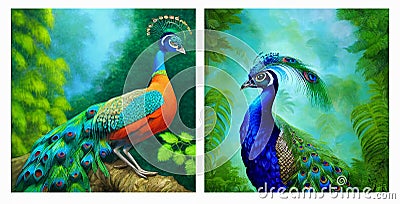 Drawing colorful peacocks in tree branches on a landscape background. 3d digital art Stock Photo