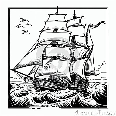 Drawing for coloring, beautiful vintage sailboat at sea close-up, black and white Cartoon Illustration