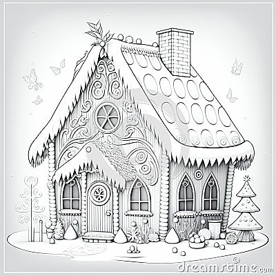 Drawing for coloring, fabulous gingerbread house close-up, black and white Cartoon Illustration