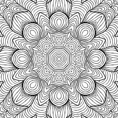 Drawing Coloring Page antistress, black and white symmetrical flower drawing. Monochrome Floral Background. Hand Drawn Ornament Stock Photo