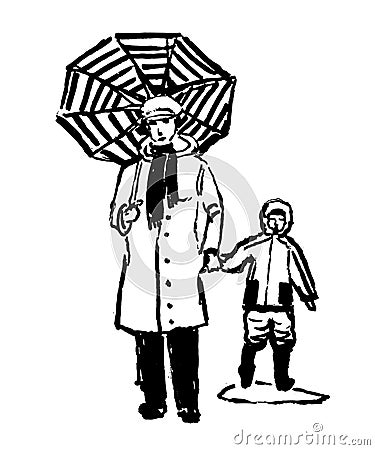 Drawing of a comic grandmother walking with her grandson in the rain, sketch of hand-drawn illustration Vector Illustration