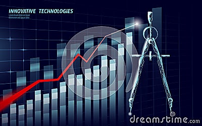Drawing compass 3D low poly symbol. Growing profit graph strategy solution concept. Construction modern technology Vector Illustration