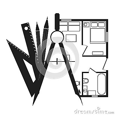 Drawing compasses with pencils and a house plan Vector Illustration