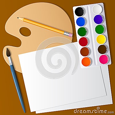 Drawing and creativity. Artistic appliances on the desktop. Cartoon Illustration