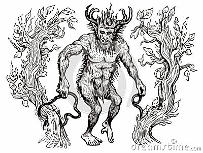 A Drawing Of A Creature With Horns And Antlers - mythologic satyr medieval bestiary Vector Illustration