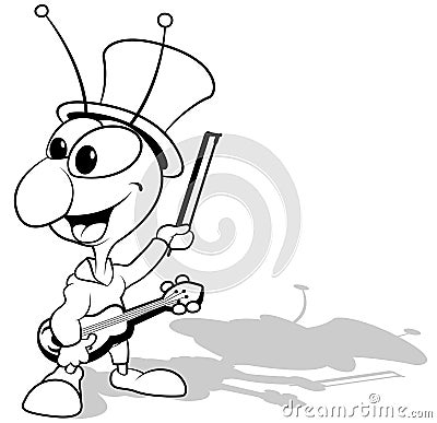 Drawing of a Cricket with a Violin and a Bow Vector Illustration