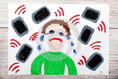 Drawing: Crying boy surrounded by phones or tablets. Danger of social media Stock Photo