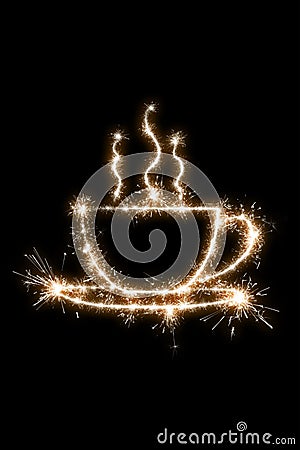 Drawing cup of coffee or tea with sparklers on a black background, imitation of a long exposure Stock Photo