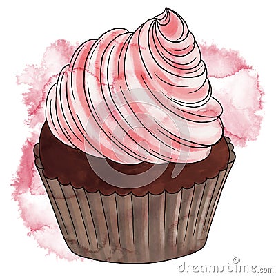 drawing cupcake at pink watercolor background Stock Photo