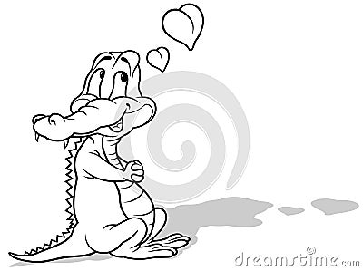 Drawing of a Cute Amorous Crocodile with Hearts Vector Illustration