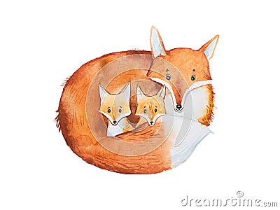 Drawing of cute fox family, mother and two fox-cubs Stock Photo