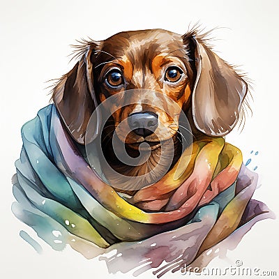 Drawing of a cute frozen dachshund dog wrapped in a multicolored plaid. A blanket warms the dog after a walk. Stock Photo