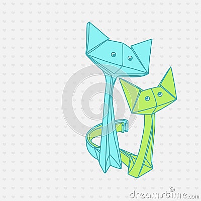 Drawing of cute origami cats in love. Vector Illustration