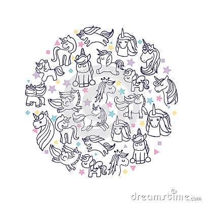 drawing cute set unicorns icon Cartoon Illustration